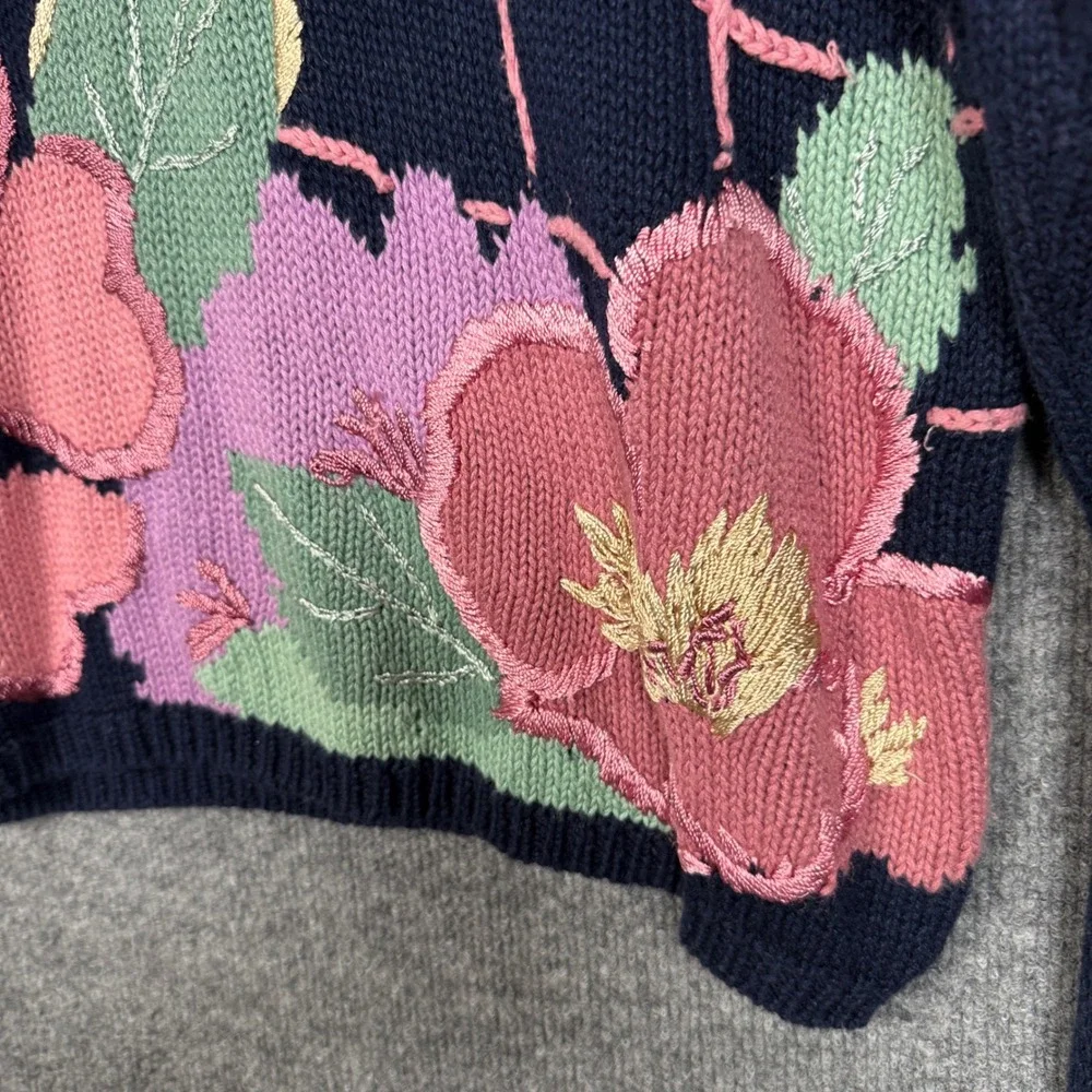 Vtg Herman Geist XL Sweater Black Pink Ramie Cotton Embroidered Flower Grandma